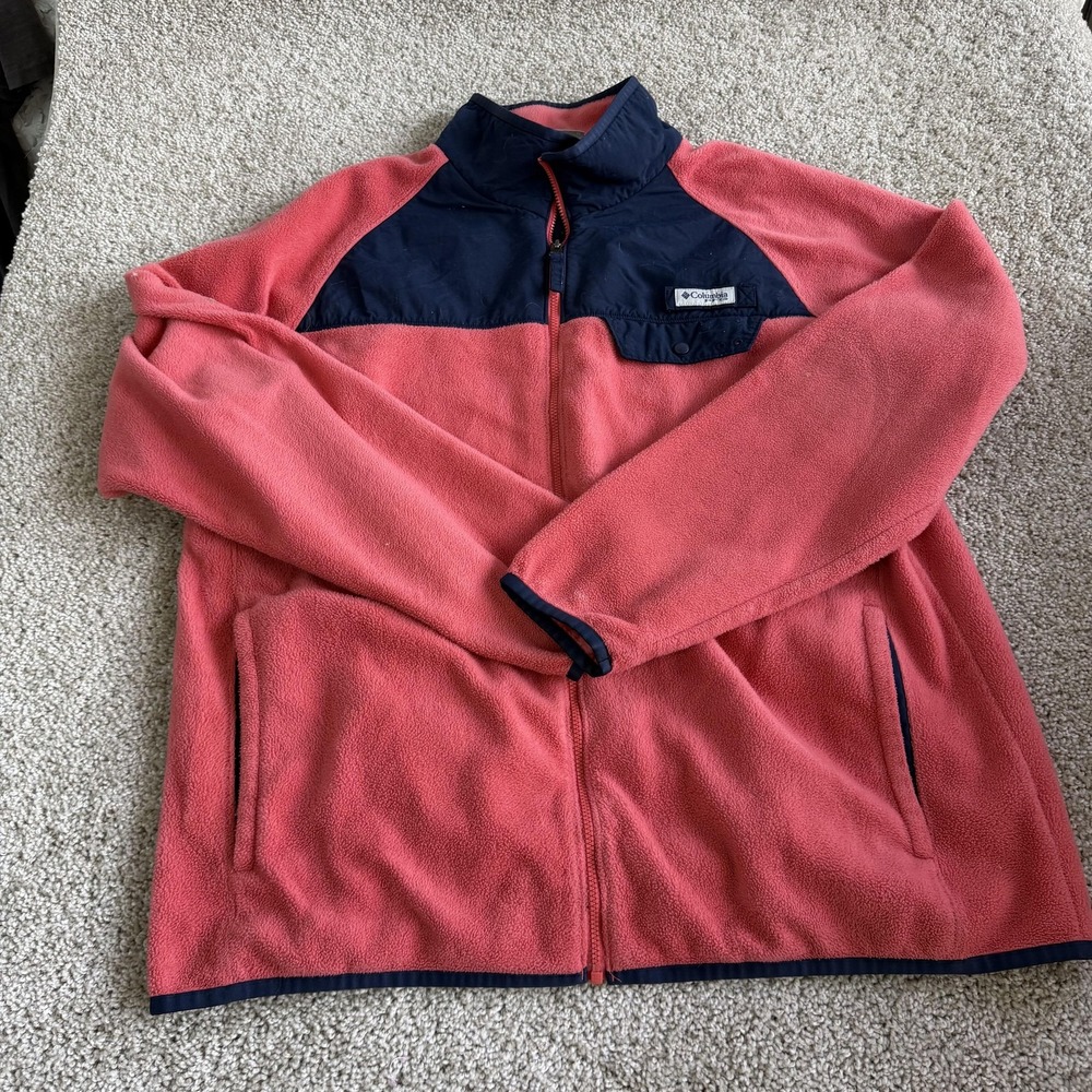 Columbia Jacket Womens XL Pink Fleece Full Zip Colorblock Pockets Navy Trim